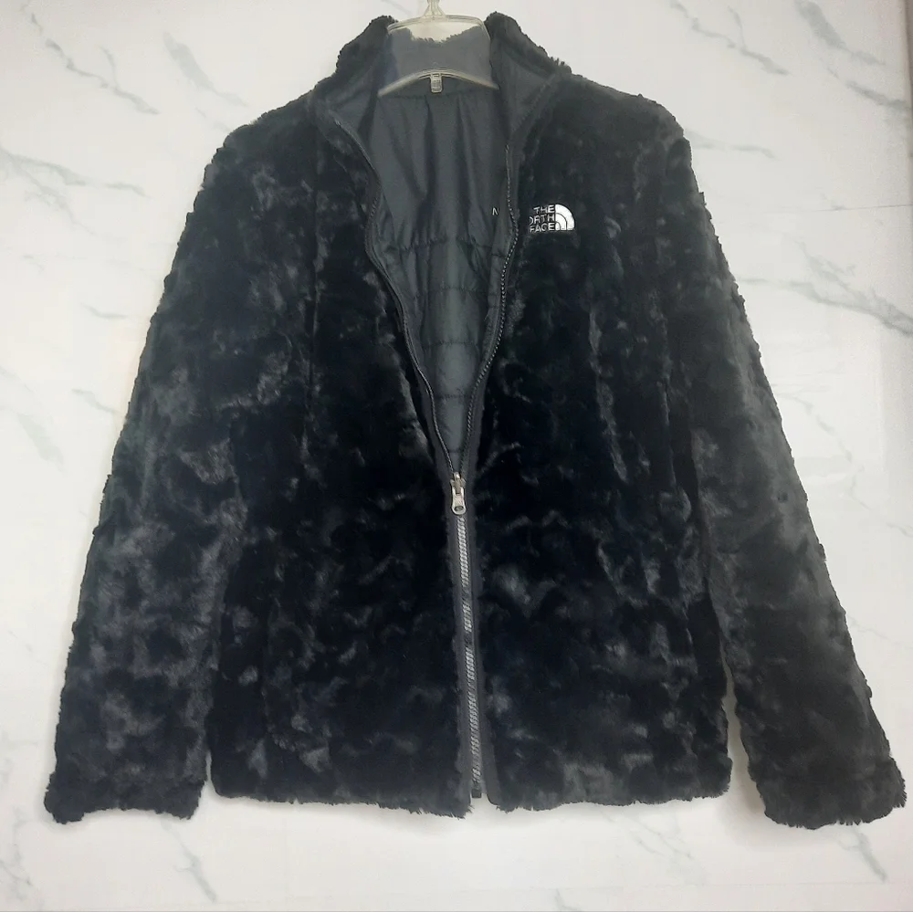 NORTH FACE Black Puffer Jacket Reversible High Pile Fleece Girls 14 16 Women S - Picture 9 of 12